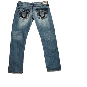 TRUE Religion women's light wash cropped brown embroidered pocket denim jeans 31